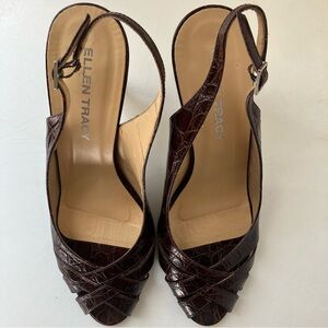 Ellen Tracy Brown Croc-Print Leather Slingback Buckle Braided Straps Peep Toe